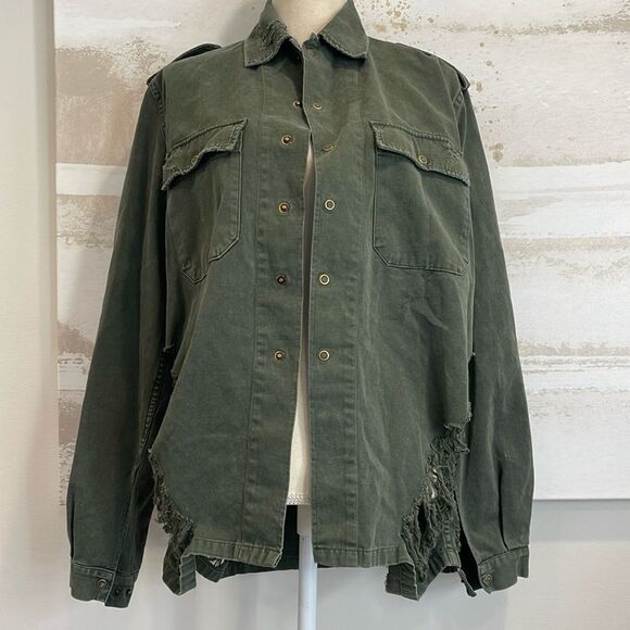 FURST OF A KIND Military Style Distressed Army Green top - Picture 1 of 8